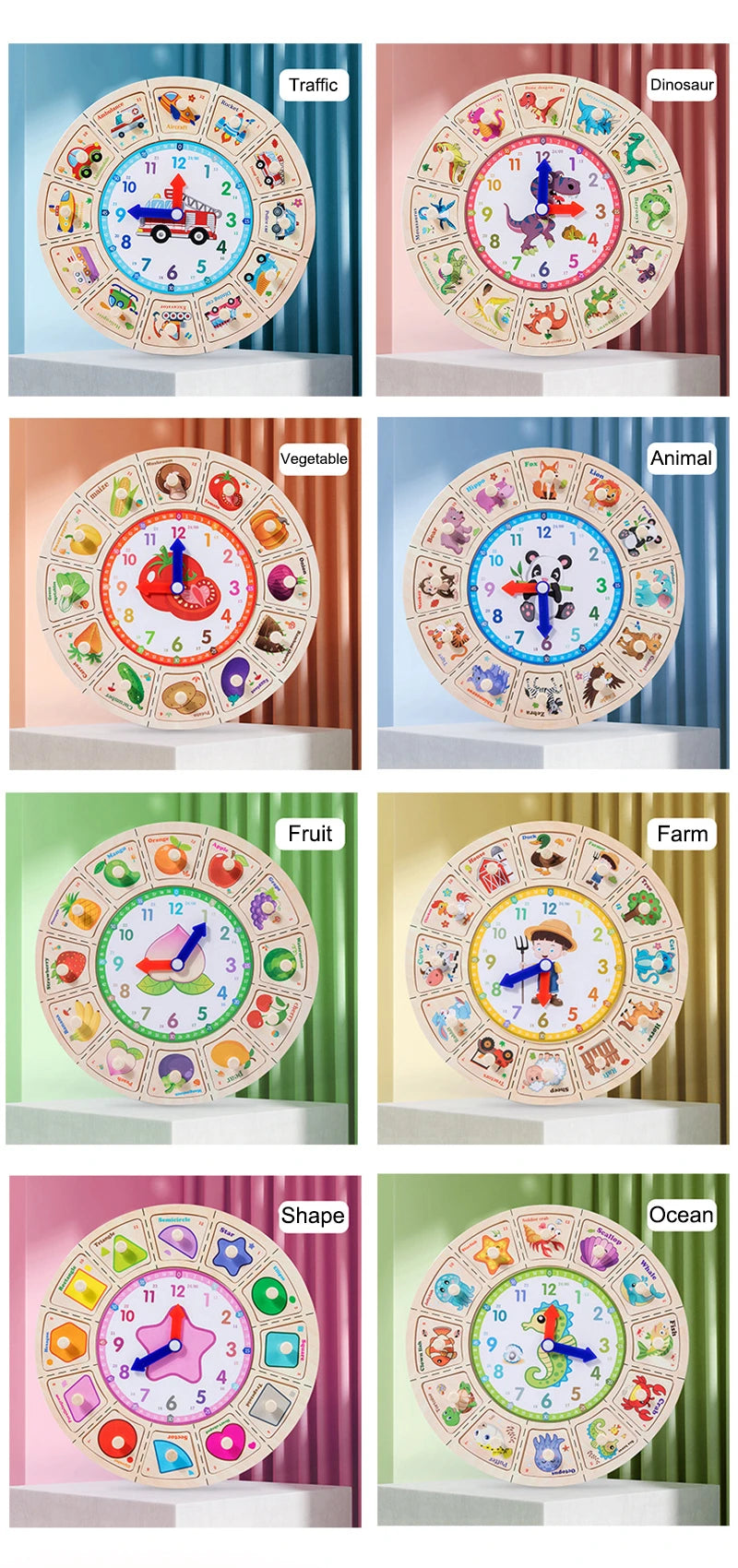 Montessori wooden clock toy for children Color puzzle